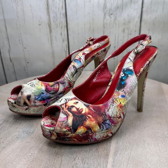 Newsprint Platform Peep Toe Womens Heels Red Retro Slingbacks Size 38 EU - Picture 5 of 15